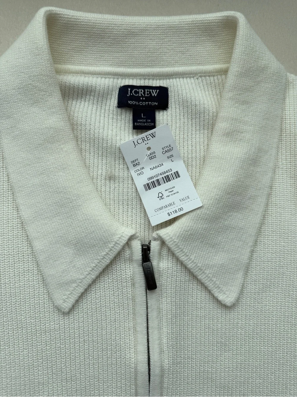 NWT J. Crew Me’s Ivory Ribbed Cotton Quarter-Zip Sweater Polo Size L
